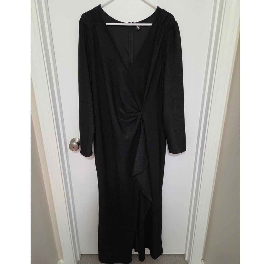 Curve Black Glitter Knot Front V-Neck Maxi Dress 3XL Long Sleeve Gown